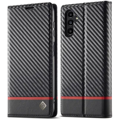 Obrázek produktu pro Pouzdro pro Samsung Galaxy S24 Karbónové kožené pouzdro s držákem karet, magnetem a stojánku černé Horizontální červené