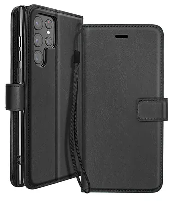 Produktbild von Mayaxess, Klapphülle für Galaxy S22 Ultra Geldbörse mit Handschlaufe & Standfunktion, Schwarz