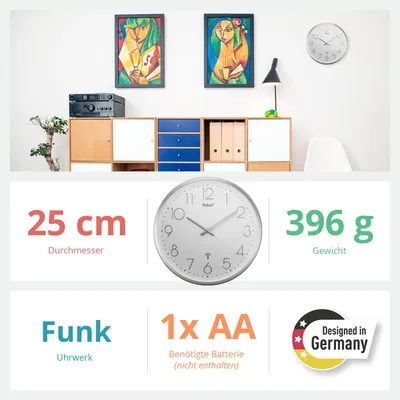 Produktbild von Mebus Funkwanduhr TinyTime | 25cm | Lautlos | Modern Weiß | Silber Gehäuse