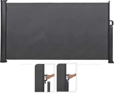 A retractable privacy screen for outdoor use, shown in a neutral setting with inset images demonstrating its operation.