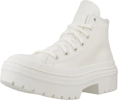 A studio shot of a single white high-top sneaker with a platform sole.