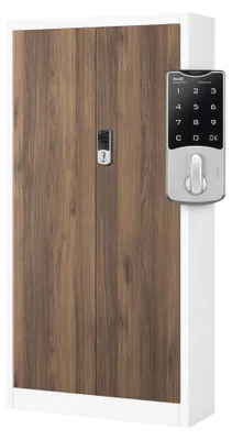 Produktbild von Aktenschrank Metallschrank mit Zahlenschloss Büroschrank Flügeltüren Stahlblech 4 Einlegeböden 185 cm x 90 cm x 40 cm weiß/nussbaum