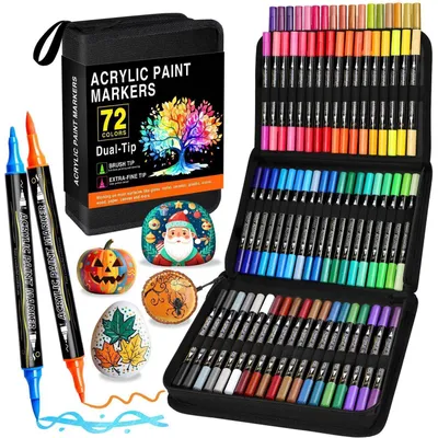 Immagine prodotto di Set di pennarelli acrilici da 72 colori, con punta doppia (pennello e punta fine), resistenti all'acqua e adatti a diverse superfici