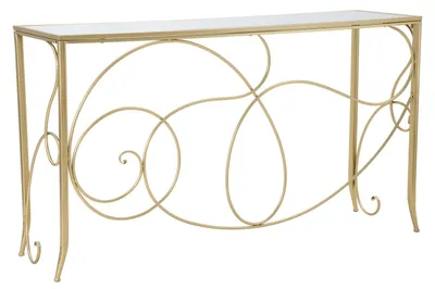 Produktbild von Rechteckiger Konsolentisch aus goldfarbenem Metall und Spiegelglas, 140 x 40 x 80 cm – Geschwungenes, glamouröses Design – Elegante Möbel für repräsentative Interieurs