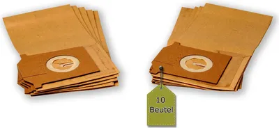 Two stacks of brown paper vacuum cleaner bags are shown against a white background. A green tag with text is attached to the right stack.