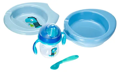 Produktbild von Chicco Geschenkset 6+, Baby Geschirrset enthält 2-teiligen Babyteller, Trinkbecher und Entwöhnungslöffel, Babybesteck 6+ Monate Balu