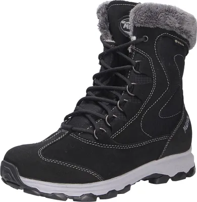 A black winter boot with gray fur trim and a light gray sole, shown against a white background.