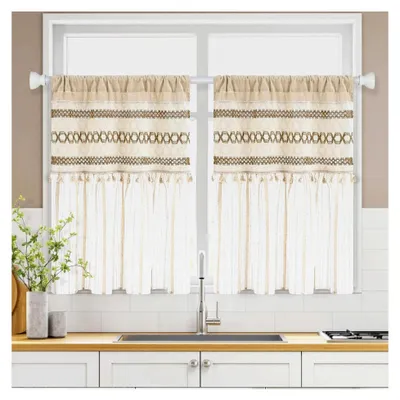 Produktbild von Scheibengardinen 2er Set Beige, Modern Kurz Bistrogardine, Blickdichte Küchengardinen mit Leinen und Gaze, Landhausstil Fenstergardinen, Kurzgardine für Küche und Wohnzimmer 65Bx90H cm