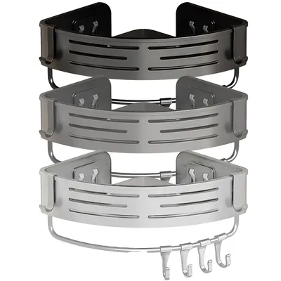 Produktbild von SANIDELL Duschablage Ecke ohne Bohren – 3x Aluminium Silber, rostfrei – Badezimmer Organizer mit 4 Haken – Schnelltrocknendes Duschregal, Modell AD-WR