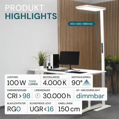 Produktbild von LUXULA LED Stehleuchte 100 W 4000 K neutralweiß weiß dimmbar