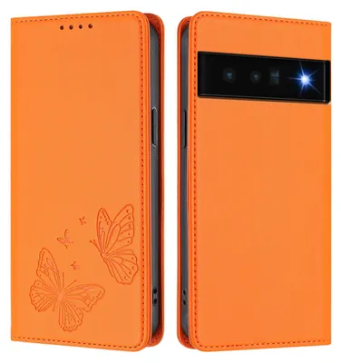 Produktbild von Lederhülle für Google Pixel 6 Pro, Schmetterling Prägung Leder Brieftasche Schutzhülle mit Ständer Orange