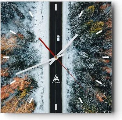 Produktbild von Wanduhr - Quadrat - Glasuhr - Wald Weg Schnee - 40x40cm - Schleichendes Uhrwerk - Lautlos - zum Aufhängen bereit - Dekoration Modern - Wanddekoration aus Glas - C3AC40x40-4654
