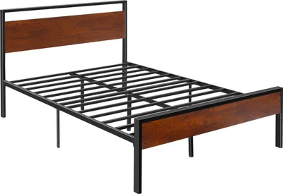 Image de Cadre de lit VEVOR pleine grandeur, cadre de lit à plateforme métallique avec tête et pied de lit en bois brun de style rétro, grand espace de rangement sous le lit, antidérapant, pas de boxspring nécessaire