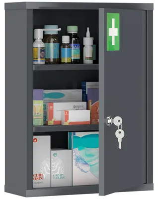 Productafbeelding van Wandgemonteerde medicijnkast met slot, stalen wandkast met 3 vakken, 40 x 15 x 53,5 cm, antracietgrijs