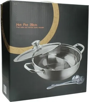 A product box for a hot pot with a picture of the hot pot and accessories.