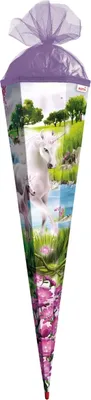 Produktbild von ROTH Schultüte groß Einhorn mit Fohlen 85 cm eckig Rot(h)-Spitze Tüllverschluss Zuckertüte Schulanfang