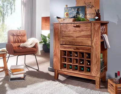 Produktbild von Hausbar Barschrank Weinregal BARLO Massivholz Sheesham Landhausstil