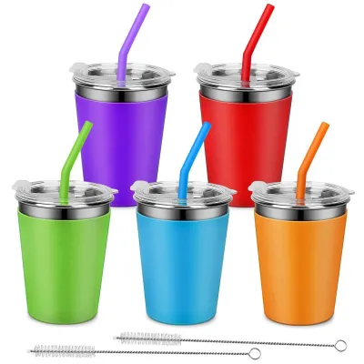 Produktbild von Trinkbecher 350 ml - 5 Stück Edelstahl - Unzerbrechlich - Wiederverwendbar - Deckel/Strohhalm - Auslaufsicher mit Silikonhülle - Becher