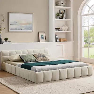 Zdjęcie produktu dla Podwójne łóżko Sweiko 140x200 cm, łóżko z jedwabiście miękkim szenilowym pokrowcem, kwadratowy pikowany wzór, wykonane z ekologicznego drewna eukaliptusowego i solidnej żelaznej ramy, łatwy montaż, beżowe (bez materaca)