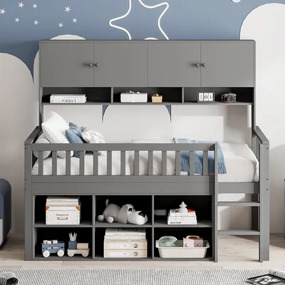 Produktbild von Hochbett mit Schreibtisch, Mehrfachsteckdose, Regal und Rausfallschutz (140x200 cm) Metallbett, Jugendbett