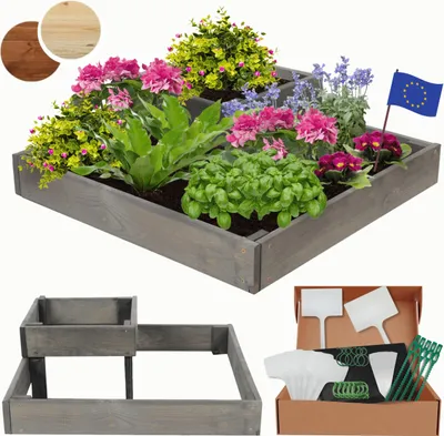 Produktbild von MODO24 Hochbeet Holz, Pflanzkasten, Massivholz, Kiefer, Kräuterbeet, Blumenkasten, Garten, Terrasse, 18x62x62 cm, Grau, ZP08
