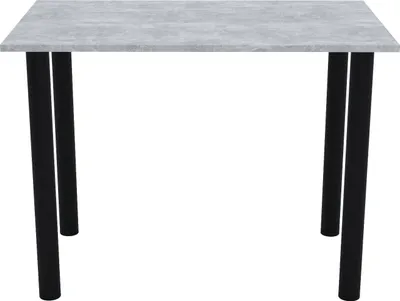 A table with a gray top and black legs, shown from the front.