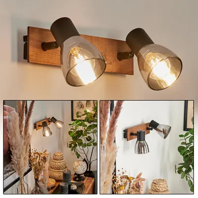 Produktbild von Buscoldo »Buscoldo« Wandlampe aus Metall/Holz/Glas in Schwarz/Natur/Rauchfarben