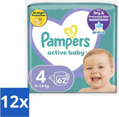 Produktbild von Pampers – Windeln – Active Baby Größe 4 (9-14 kg) – 62 Windeln - Vorteilspack - 12 Stücke