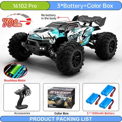 Produktbild von Teeggi 16102 Pro RC-Auto 1:16, 70 km/h, Brushless-Motor, Allrad Monstertruck mit 3 Akkus, ab 14 Jahren, Blau