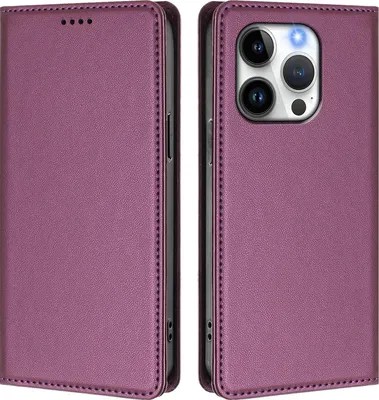 Produktbild von Handyhülle für iPhone 14 Pro, Kunstleder Klapphülle Stoßfeste Magnetische Hülle mit Ständer Lila