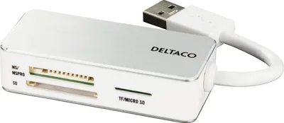 Produktbild von DELTACO USB 3.0-Speicherkartenleser, 3 Steckplätze, unterstützt SDHC, Micro-SD, TF, MS PRO/DUO