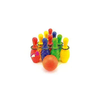 Produktbild von Bowling-Set mit 10 bunten Kegeln aus robustem Kunststoff, 21 cm Kegelhöhe