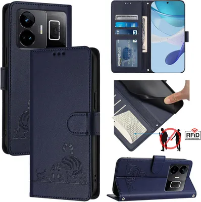 Produktbild von Leder Hülle für Realme GT3 Süße Katze Flip Case Brieftasche Schutzhülle mit Standfunktion Blau