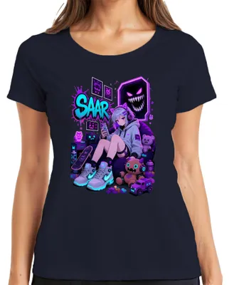 Zdjęcie produktu dla Koszulka damska SAAR z motywem anime, przedstawiająca dziewczynę w stylu "gamer girl", z elementami "kawaii", neonowymi grafikami, motywami miejskimi i japońskimi, w stylu Y2K, dla fanów anime ("otaku"). Kolor: granatowy. Rozmiar: 3XL