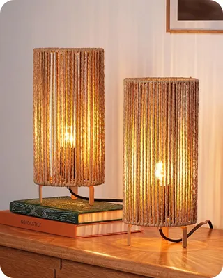 Productafbeelding van EDISHINE Nachtlampen, set van 2, met lampenkap van geweven papierkoord, inclusief 4W LED. Moderne tafellamp met metalen frame, E27 fitting, 2700K warm wit licht