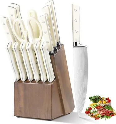 Imagen del producto de Juego de cuchillos de cocina con bloque y afilador: cuchillos de acero inoxidable, con mango de madera, cuchillos afilados, ideales para uso doméstico y profesional, con mango blanco.