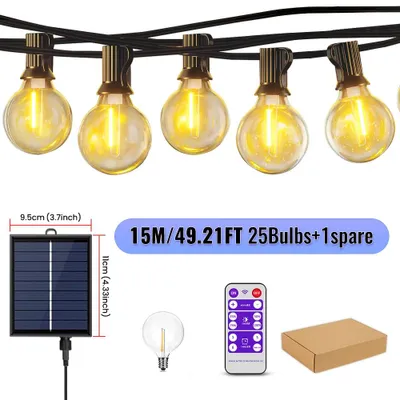 Immagine prodotto di Catena luminosa LED G40 - Luci solari - 15 metri con 26 lampadine LED - Luce bianco caldo - 8 modalità di illuminazione lampeggiante - Telecomando - Dimmerabile e grado di protezione IP44