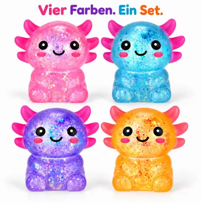 Produktbild von Axolotl Squishy 4er Set, vier Farben Rosa, Blau, Lila und Orangegelb, niedliche Figuren zum gemeinsamen Aufstellen