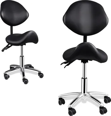 Obrázok produktu pre Ergonomická stolička s operadlom – salónová stolička na kolieskach s operadlom – výškovo nastaviteľná – kolieska s otočnosťou 360° – pre kaderníctva a wellness – čierna