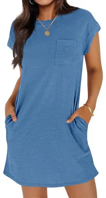 Produktbild von Sommerkleid für Damen, lässiger Stil, Rundhalsausschnitt, mit Taschen.