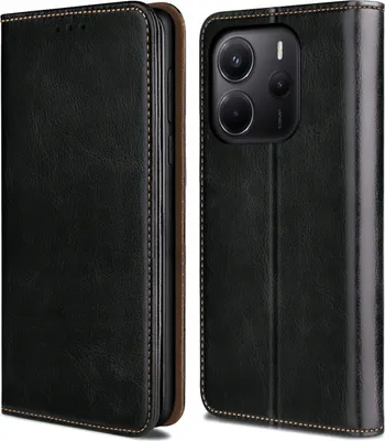 Zdjęcie produktu dla Etui do Xiaomi Redmi Note 14 5G SKÓRZANE CZARNE ZAMYKANE MAGNETYCZNE +SZKŁO