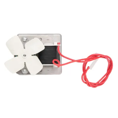 A close-up view of a replacement motor with a fan and red wires, isolated on a white background.