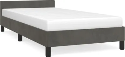 A dark gray bed frame with a white mattress is shown against a white background.