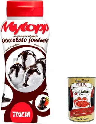 Produktbild von 3x Toschi Topping Squeeze Cioccolato fondente, dunkle Schokolade Topping Sauce für Kaffee, Cocktails, Eisbecher, Porridge, Pfannkuchen und Gebäck 200gr + Italian Gourmet polpa 400g