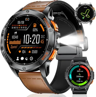 Smartwatch Herren, Bluetooth-Anrufe, LED Taschenlampe, 1,43" AMOLED-Display Fitness Tracker mit 100+ Sportmodi, Kompass/Barometer/Höhenmesser