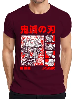 Zdjęcie produktu dla Koszulka męska Kimetsu no Yaiba Demon Slayer Tanjiro Nezuko Inosuke Zenitsu, bordowy, L