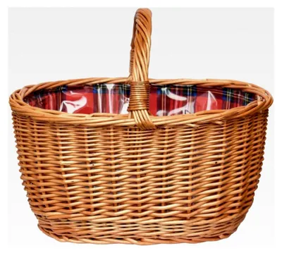 Produktbild von Großer Einkaufskorb aus Weide mit Henkel und Stoffeinlage (rotkariert, Schottenkaro) | mit Schutzfolie | geflochten, oval