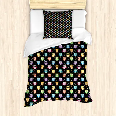 Produktbild von ABAKUHAUS Eulen Mantele, Lustige Confused Ernst, Milbensicher Allergiker geeignet mit Kissenbezügen, 135 cm x 200 cm - 80 x 80 cm, schwarz Multicolor