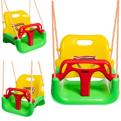 Image de Balançoire de jardin pour enfants Lebula, fauteuil suspendu robuste 3 en 1, forme baquet, sangles vertes et jaunes
