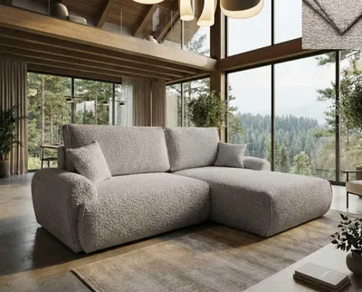 Obrázek produktu pro Rohová sedací souprava Malvito Nordelo s funkcí spaní a podnožkou, univerzální L/R, látka ARENA Bouclé - 15 světle šedá, 260 cm